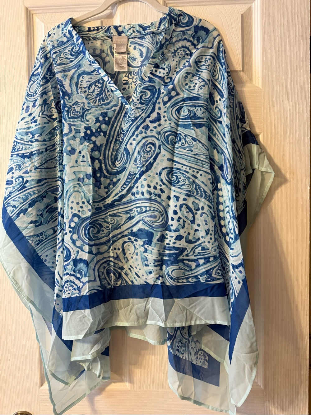 Chico's Blue & White Paisley Chiffon Poncho Top L/XL